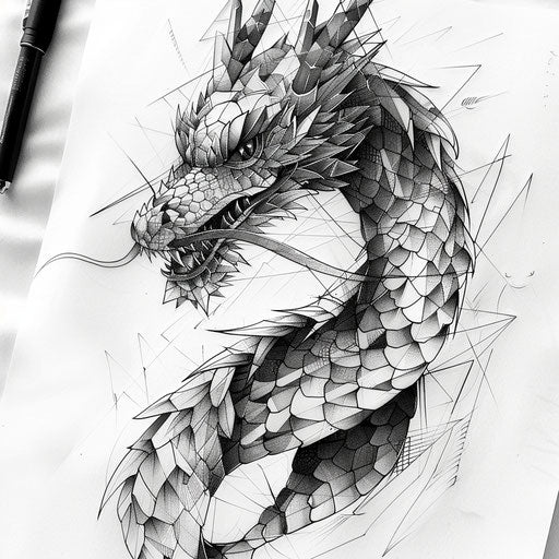 Bold geometric dragon on white canvas