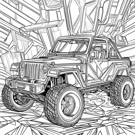 Stylized vehicle with geometric designs, Jen Bartel style, Coloring