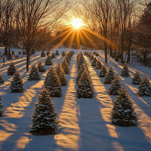 Magical Christmas tree farm at sunset