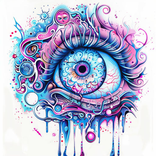 Colorful tattoo sketch of an eyeball with psychedelic patterns
