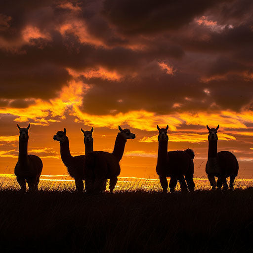 Alpacas in silhouette against a dramatic sunset