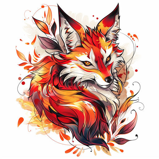 Sketch of kitsune tattoo in vibrant red and orange hues