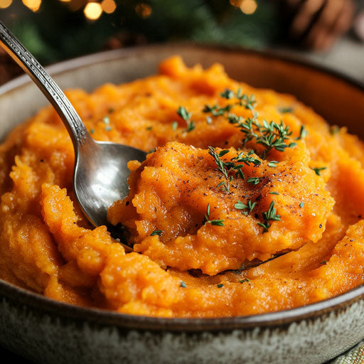 A spoon dipping into creamy mashed yams