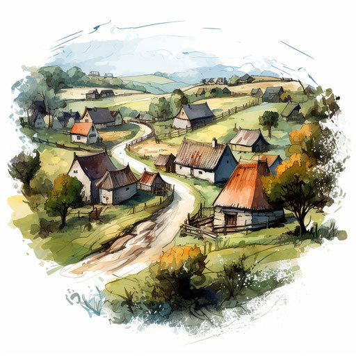 Village clipart in the style of Oil painting