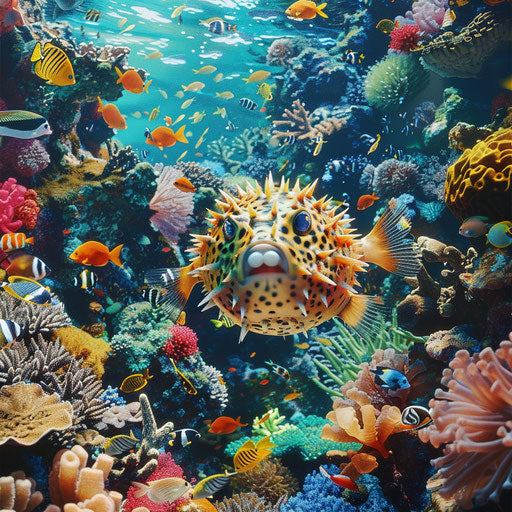 Puffer fish exploring a colorful coral reef
