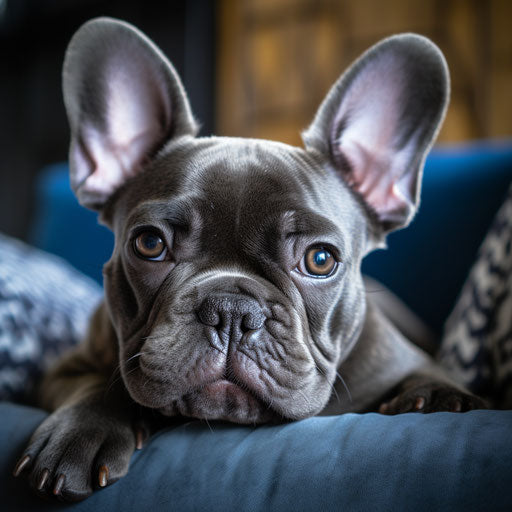 French bulldog on couch, dark silver and light azure style