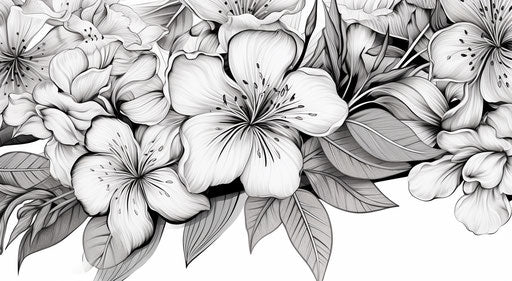 Black and white drawing of flowers, cherry blossom style, tropical decoration