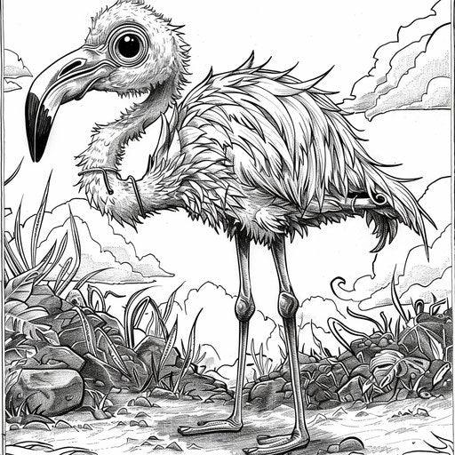 Anime-style expressive-eyed flamingo in coloring book