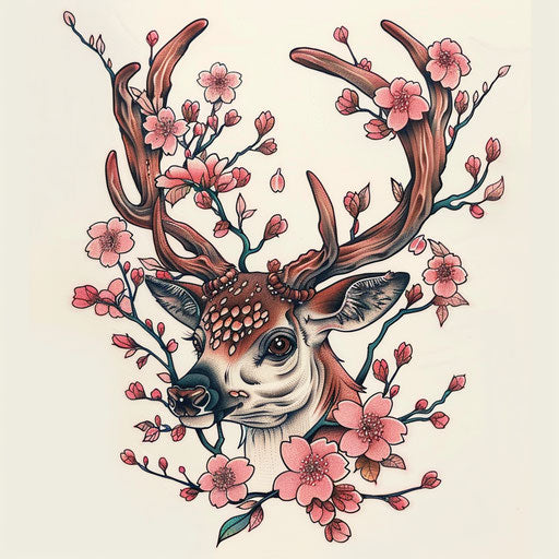 Traditional Japanese deer tattoo with cherry blossoms