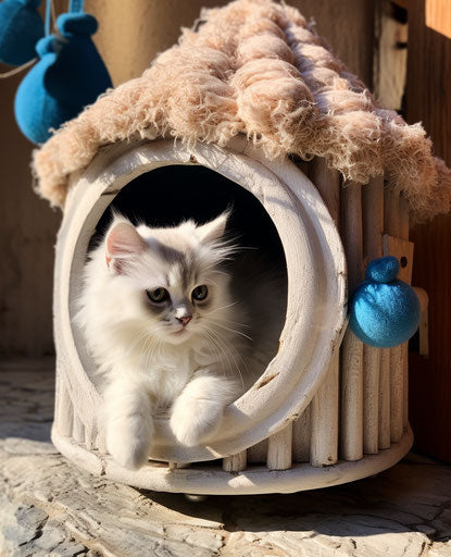 White kitten on cat house, light beige and dark blue