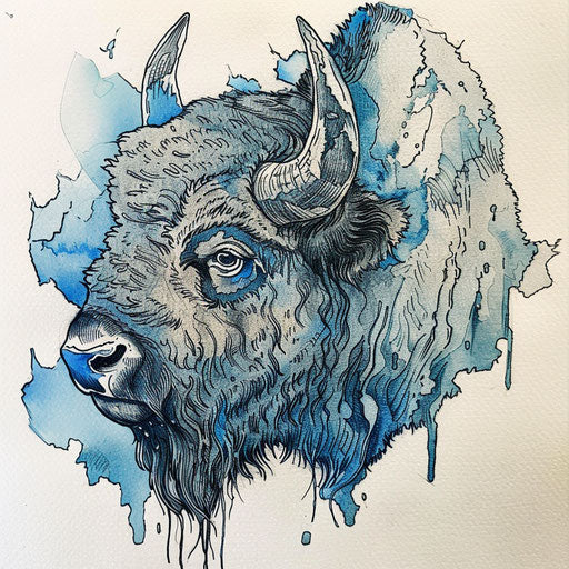 Tranquil bison tattoo sketch in flat style with blue and cool gray watercolor washes