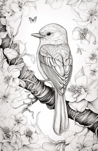 Bird on branch coloring page, illustrative pen style, elaborate borders