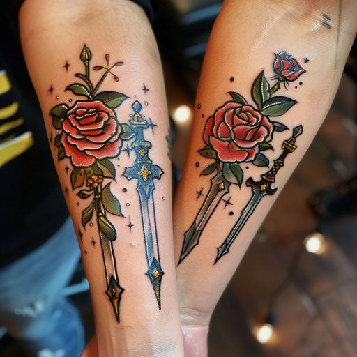 Traditional roses and daggers couple tattoo symbolizing strength and passion, in the style of Ed Hardy