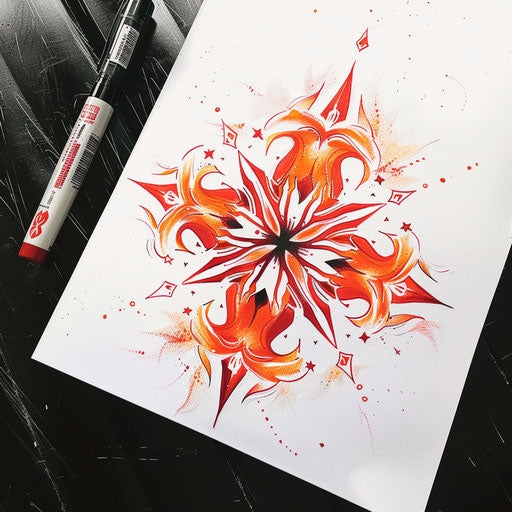 Abstract tattoo sketch of a stylized snowflake in clipart style, with vivid red and orange hues