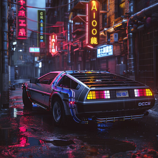 Cyberpunk DeLorean DMC-12 with AR displays and neon lights in rain