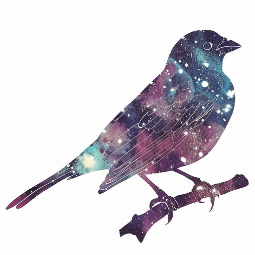 Sparrow silhouette filled with galaxy pattern on white background