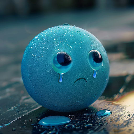 Blue emotigon with a tear in its eye, ironic and humorous style