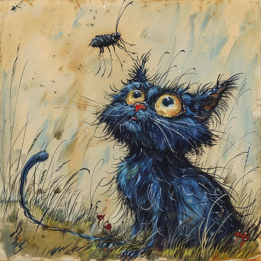 Louis Wain cat staring at an insect