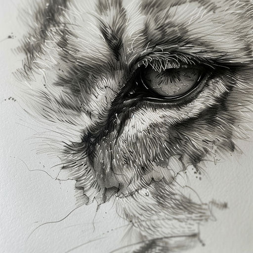 Bold flat tattoo sketch of a micro realism lion's eye with intense gaze and fur detail