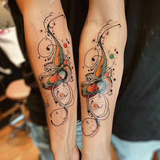 Matching best friend tattoos in the style of Guy Aitchison with abstract interconnected designs