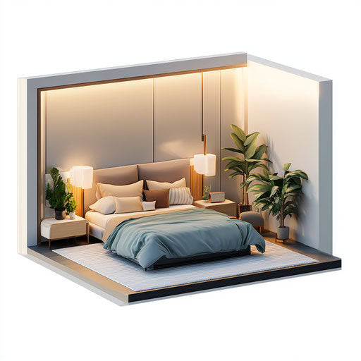 3D bedroom with flat white background, isolated clipart