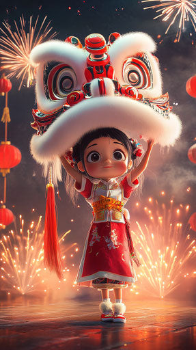 Adorable girl holds lion's head with fireworks in background