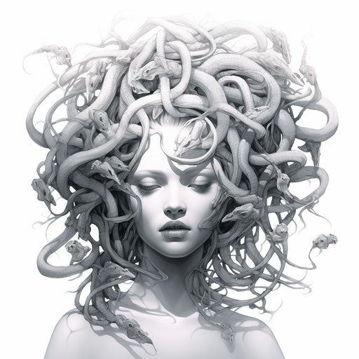 Medusa's head, carved into the skull, monochromatic white figurines
