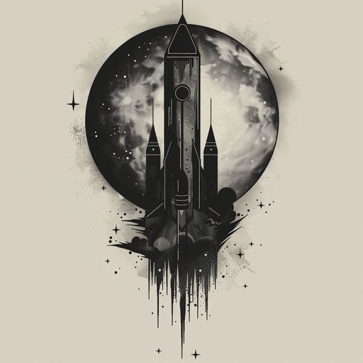 Flat gothic tattoo sketch of a dark, shadowy rocket at night, stark blacks and greys, clipart style