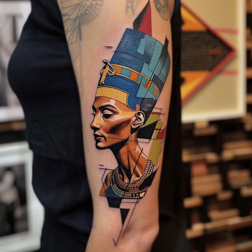 Bold flat tattoo sketch of Nefertiti with high contrast colors