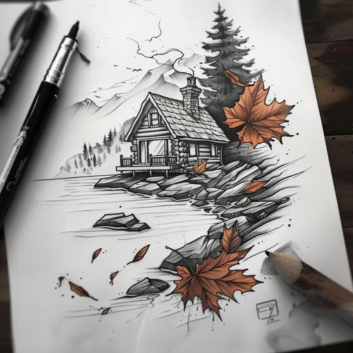 Rustic sketch of riverside cabin surrounded by autumn leaves
