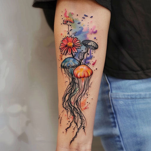 Wildflower tattoo with jellyfish, oceanic colors, flowing design, ethereal