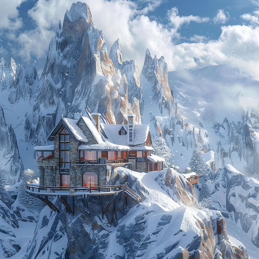 Mountain lodge nestled in snowy peaks