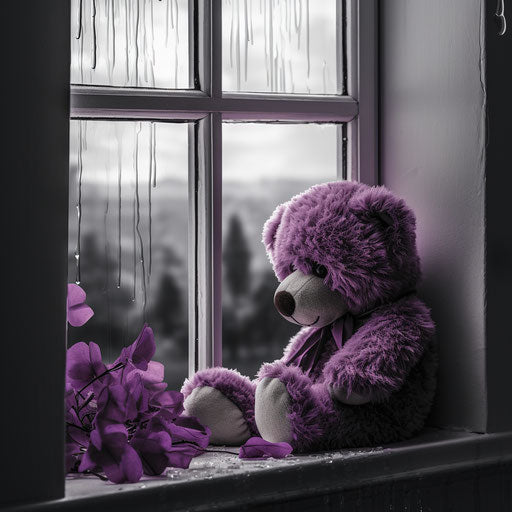 Teddy bear crying in front of a sepia window