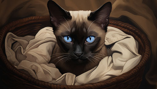 Siamese cat in round basket, dark brown and light beige style
