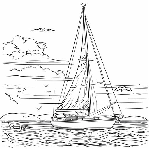 Sailboat on calm waters with seagulls. Coloring book page