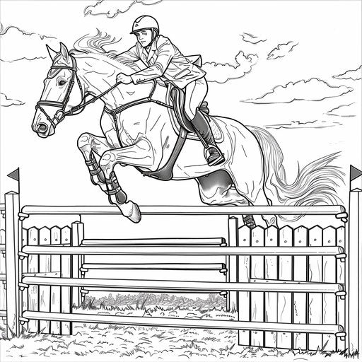 Horse and rider jumping over a fence in an equestrian event. Coloring book page