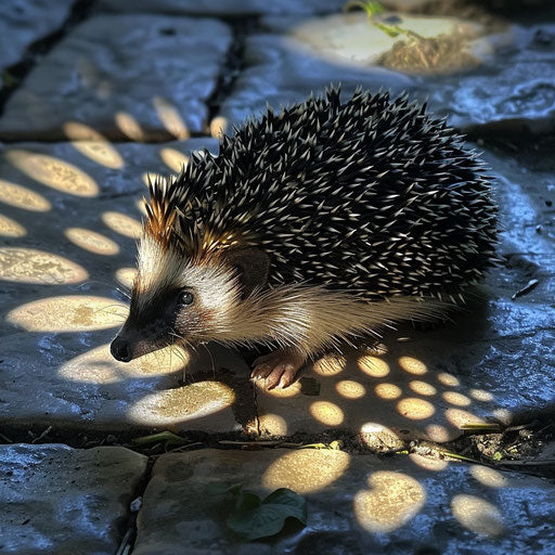 Hedgehog in the sun, spines casting intricate shadows