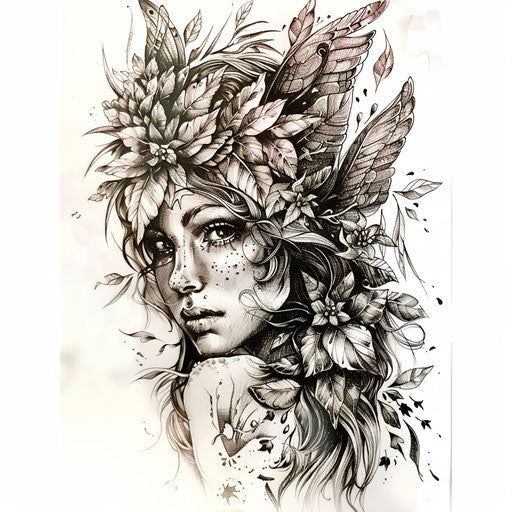 Realistic portrait of a fairy in a forest setting tattoo design