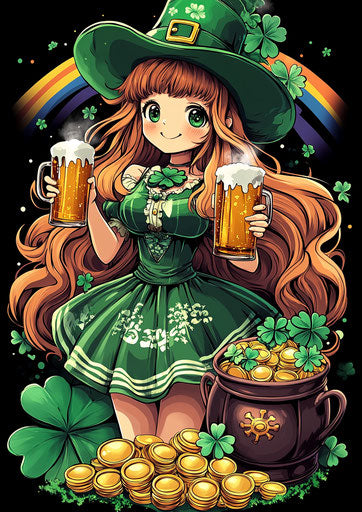 Anime girl in green dress with mugs of beer