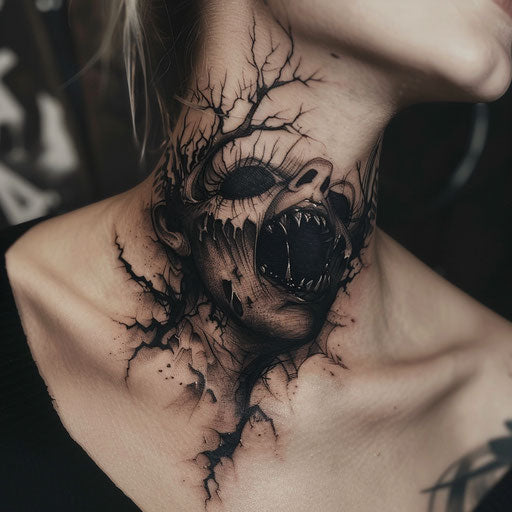Throat tattoos with dark surrealism