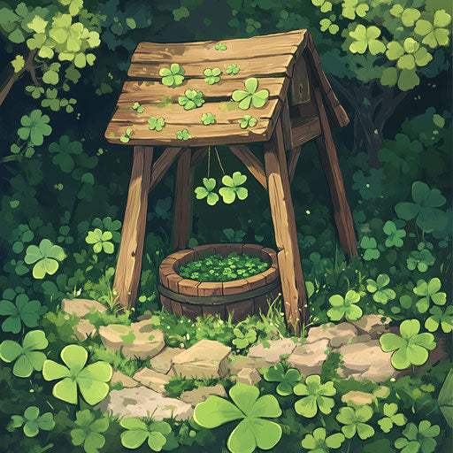 Wooden well surrounded by green clovers for St. Patrick's Day
