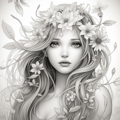 Black and white fairy coloring pages, flower and tree pages