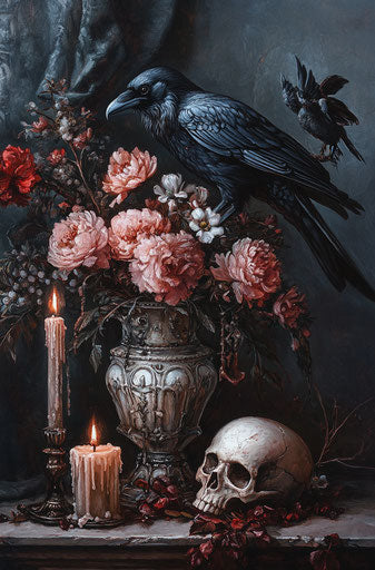 Gothic-style painting with raven, skull, and candles