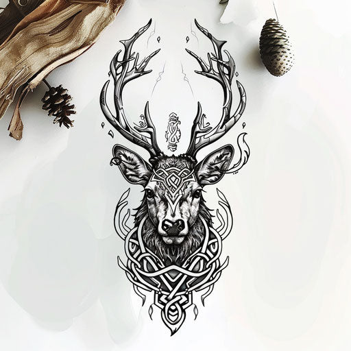 Celtic deer tattoo design with knotwork on white surface