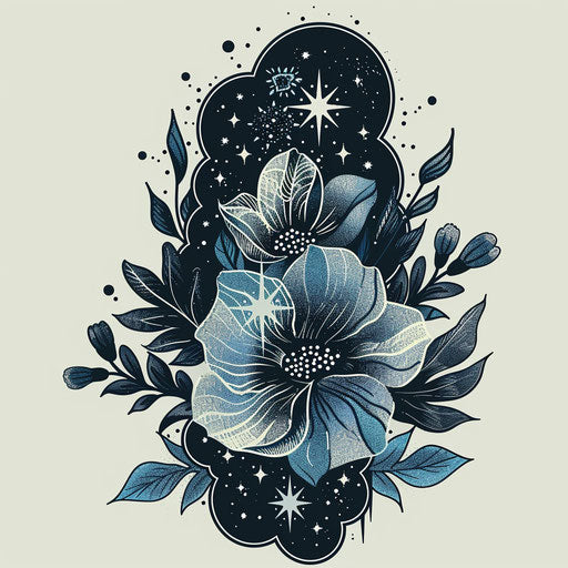 Flat tattoo sketch of March birth flower with cosmic stars