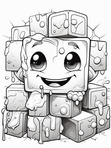 Cute little blocks coloring page, melting pots style, detailed facial features, trash materials, icepunk, grid, dark brown and white 3:4