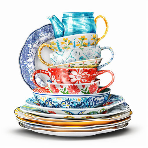 Realistic dishwashing clipart on white background, vibrant hues