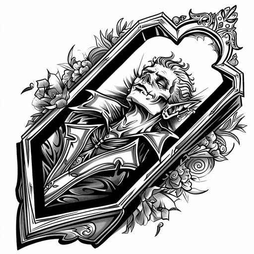 Tranquil flat tattoo sketch of a vampire at rest