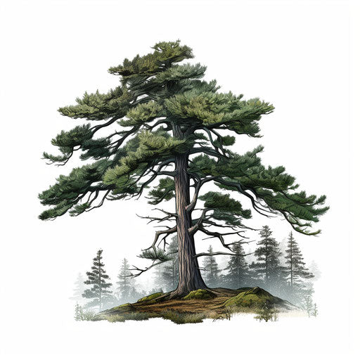 Pine tree illustration in the style of Chiaroscuro Art on white background