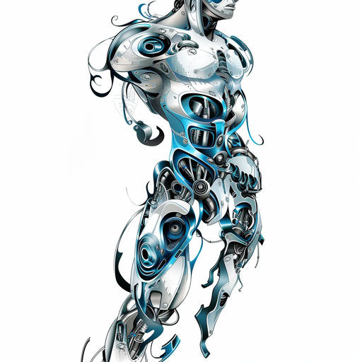Surreal tattoo sketch of a humanoid figure in fitness gear, silver and blue
